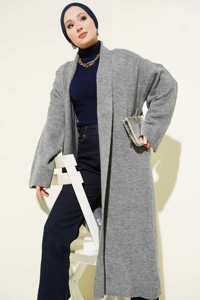 Şal Yaka Uzun Triko Hırka Gri ürün görseli 1