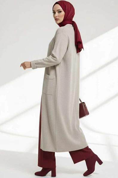 Basic Çift Cepli Uzun Triko Hırka Bej - Resim 3