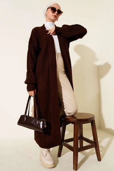 Örgü Büzgülü Uzun Triko Hırka Kahve ürün görseli