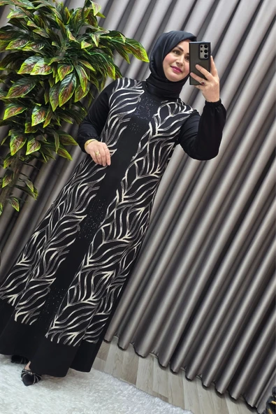 Kadın Tesettür Giyim Büyük Beden Çakma Yelek Elbise - Resim 5