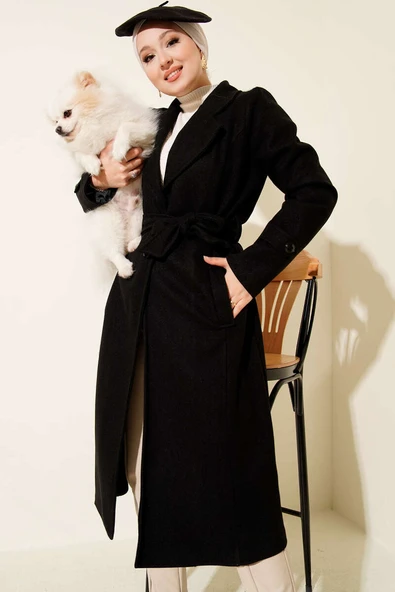 Kruvaze Yaka Kaşe Kaban Siyah ürün görseli 1