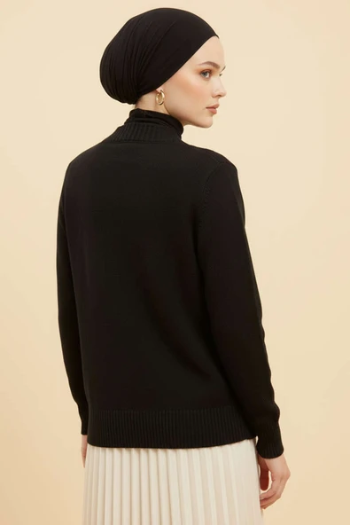 Pullu Dantelli Kısa Triko Hırka Siyah - Resim 3