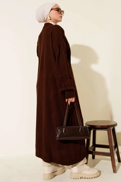 Örgü Büzgülü Uzun Triko Hırka Kahve - Resim 3