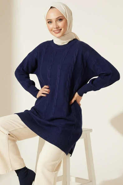 Örgü Kabartmalı Yumoş Triko Tunik Lacivert ürün görseli