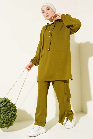 Yanları Metal Düğmeli Kapşonlu İkili Takım Yağ Yeşili ürün görseli 1