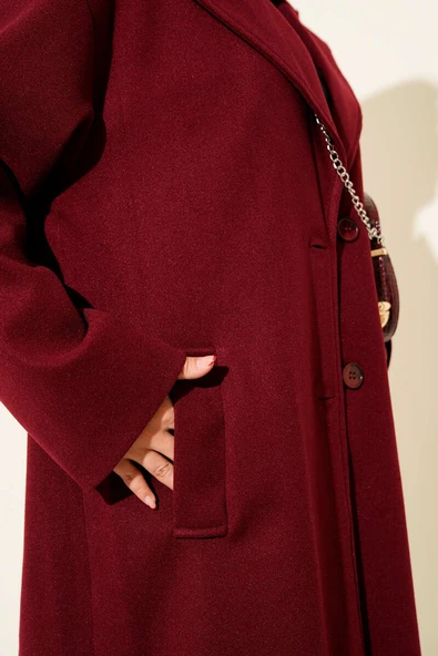 Kruvaze Yaka İki Düğmeli Detaylı Kaşe Kaban Bordo - Resim 4