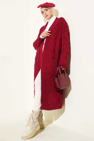 Cepli Örgü Desenli Uzun Hırka Bordo - Resim 2