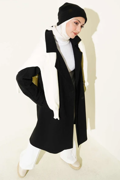 Tahta Düğmeli Kruvaze Yaka Kaşe Kaban Siyah ürün görseli 1