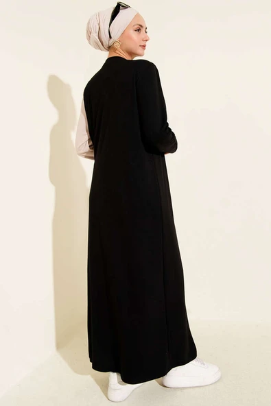 Düğmeli Yandan Bağlamalı Bisiklet Yaka Elbise Siyah - 3