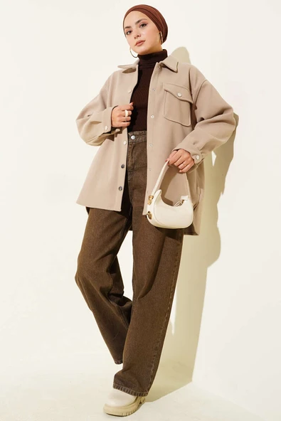 Çıtçıt Düğmeli Gömlek Yaka Kaşe Ceket Bej - 2