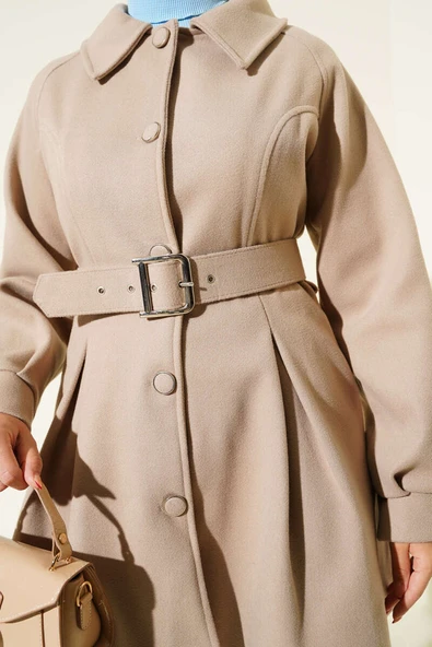 Kemerli Kısa Kaşe Kaban Bej - 4