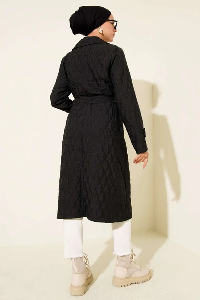 Kuşaklı Kapitone Kap Siyah - Resim 3