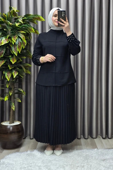 Kadın Tesettür Giyim Büyük Beden Krep Etekli Takım - Resim 7