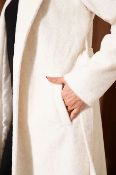 Kuşaklı Bronş Detaylı Kaşe Kaban Ekru - Resim 4