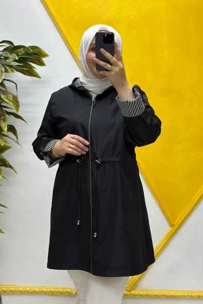 Kadın Tesettür Giyim Büyük Beden Mevsimlik Kısa Trençkot - Resim 3