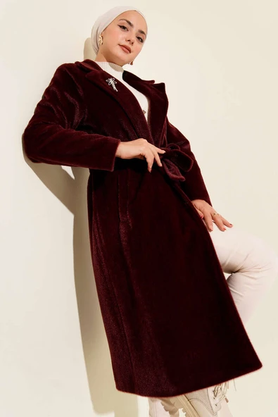 Kuşaklı Bronş Detaylı Kaşe Kaban Bordo ürün görseli 1