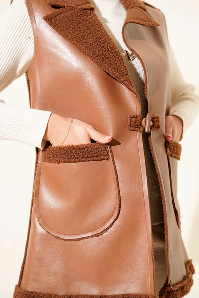 Çift Cepli Kürklü Deri Yelek Taba - Resim 4