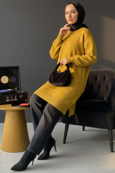 Kare Kabartmalı Yumoş Triko Tunik Yağ Yeşili - Resim 2