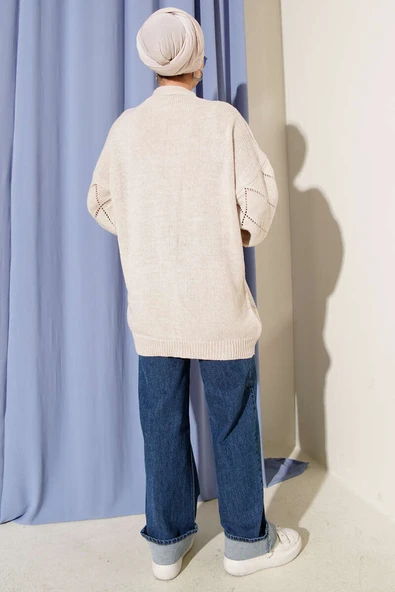 Çiçekli Baklava Desenli Triko Hırka Bej - Resim 3