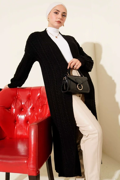 Örgü Büzgülü Uzun Triko Hırka Siyah ürün görseli