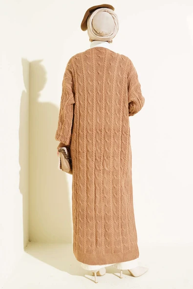 Saç Örgü Uzun Triko Hırka Latte - Resim 3