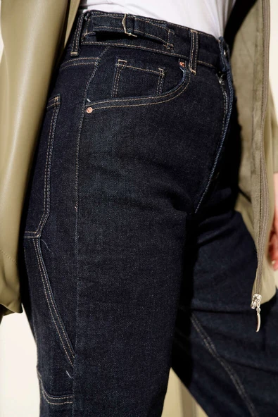 Yan Kemer Tokalı Mom Kot Pantolon Lacivert - Resim 4