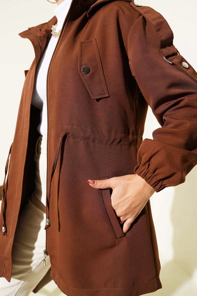 Bel Tünelli Kapüşonlu Trençkot Kahve - Resim 4