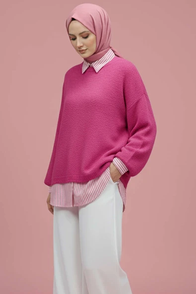 Bisiklet Yaka Basic Sakallı Kazak Fuşya ürün görseli