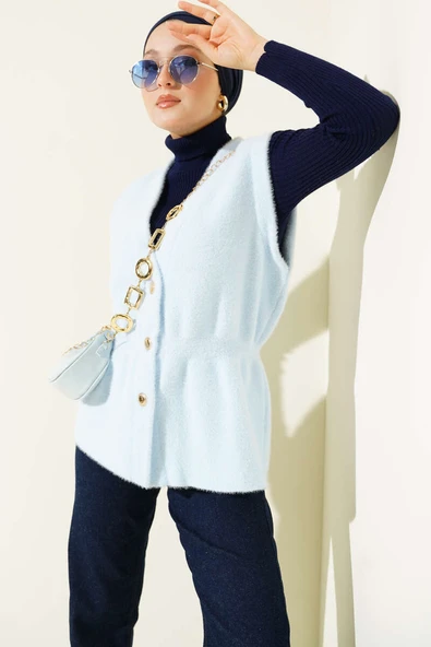 Bel Lastikli Sakallı Triko Yelek Bebe Mavi ürün görseli 1