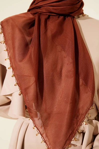 Mini Boncuk Detaylı Eşarp Kahve - Resim 4