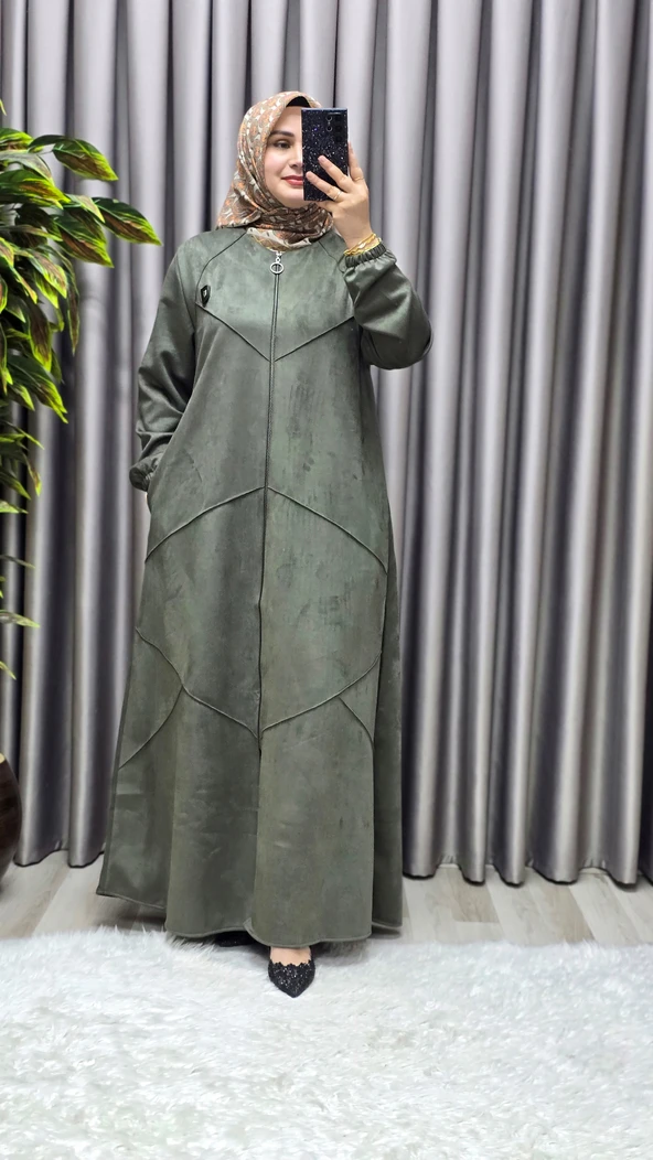 Kadın Giyim Büyük Beden Tam Boy Baklava Desenli Uzun Süet Pardesü - Resim 10