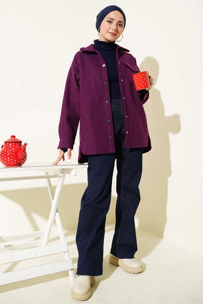 Çıtçıt Düğmeli Gömlek Yaka Kaşe Ceket Mor - 2