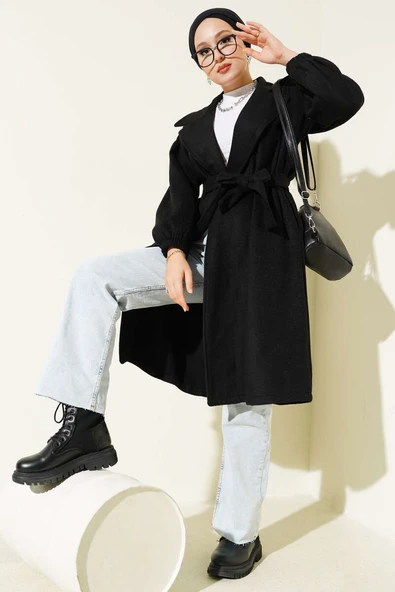 Kruvaze Yaka Belden Bağlamalı Kaban Siyah ürün görseli 1