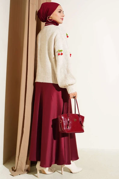 Kiraz Salkımlı Kısa Triko Hırka Taş - Resim 3