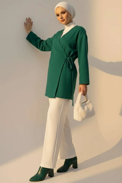 Yan Bağlamalı Kaşe Ceket Zümrüt - Resim 2