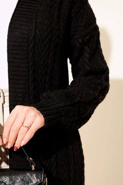 Örgü Büzgülü Uzun Triko Hırka Siyah - Resim 4