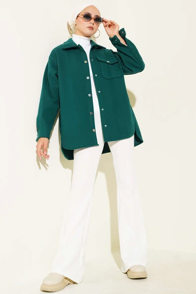 Çıtçıt Düğmeli Gömlek Yaka Kaşe Ceket Zümrüt - 2