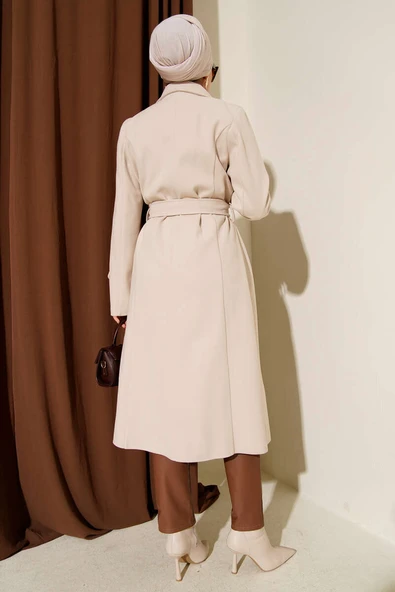 Kruvaze Yaka Kaşe Kaban Bej - Resim 3