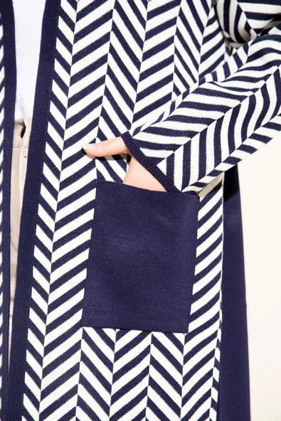 Zikzak Çizgili Desenli Uzun Triko Hırka Lacivert - Resim 4