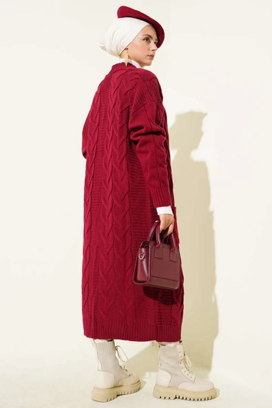 Cepli Örgü Desenli Uzun Hırka Bordo - Resim 3