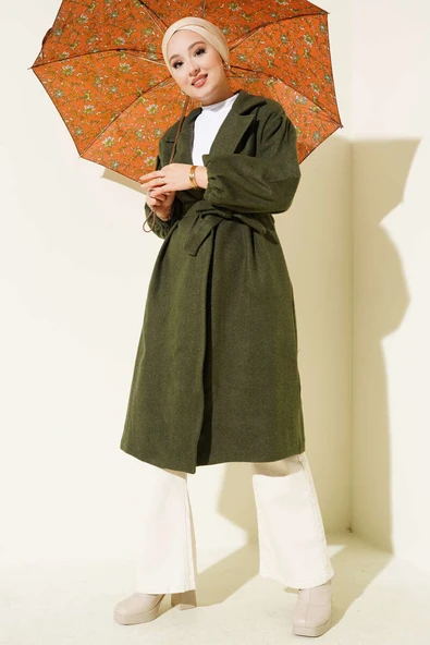 Cepli Kuşaklı Kruvaze Yaka Kaşe Kaban Haki - Resim 2