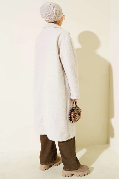 Kruvaze Yaka Düğme Detaylı Kaşe Kaban Taş - Resim 3