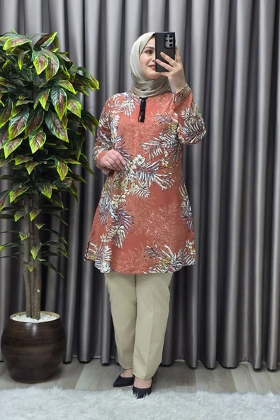 Kadın Tesettür Giyim Büyük Beden Palmiye Desen Tunik - Resim 4