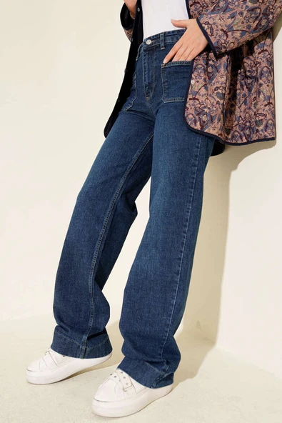 Üst Cepli Palazzo Kot Pantolon Mavi - Resim 2