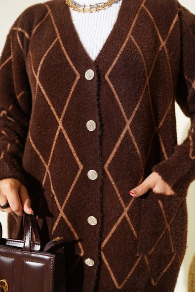 Baklava Desen Çizgili Cepli Sakallı Hırka Kahve - Resim 4