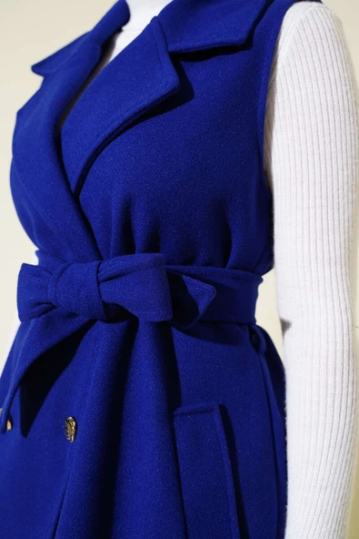 Sıfır Kol Kuşaklı Kaşe Yelek Saks - 4