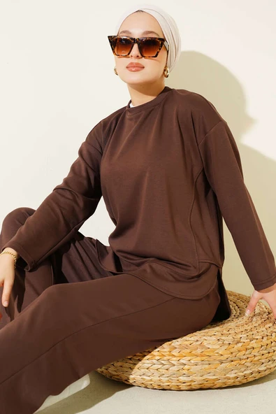 Bisiklet Yaka Oval Detaylı İkili Takım Kahve - Resim 2