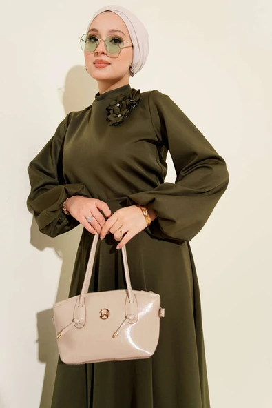 Gül İşlemeli Etekli İkili Takım Haki - Resim 2