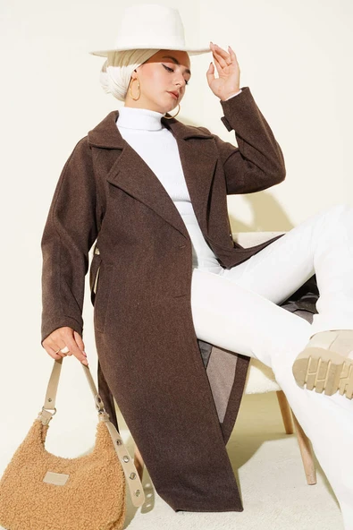 Tahta Düğmeli Kruvaze Yaka Kaşe Kaban Kahve ürün görseli 1