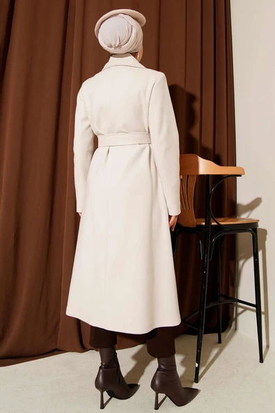 Yaka Düğmeli Kuşaklı Kaşe Kaban Taş - Resim 3